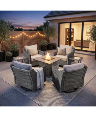 7-Piece Outdoor Conversation Set with Fire Pit Table, 4 Swivel Rocking Chairs and 2 Side Tables, All-Weather PE Rattan and Steel Frame