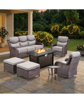 Piece Outdoor Patio Furniture with Fire Pit Set,Wicker Patio Sofa Set Outdoor Rocking Chairs with Ottomans,6inch Thick Cushions