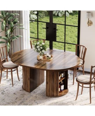 Extendable Round Dining Table – Modern Farmhouse Fluted Pedestal with 2-Tier Storage Shelf and Drawer, 47.5–63" Expandable