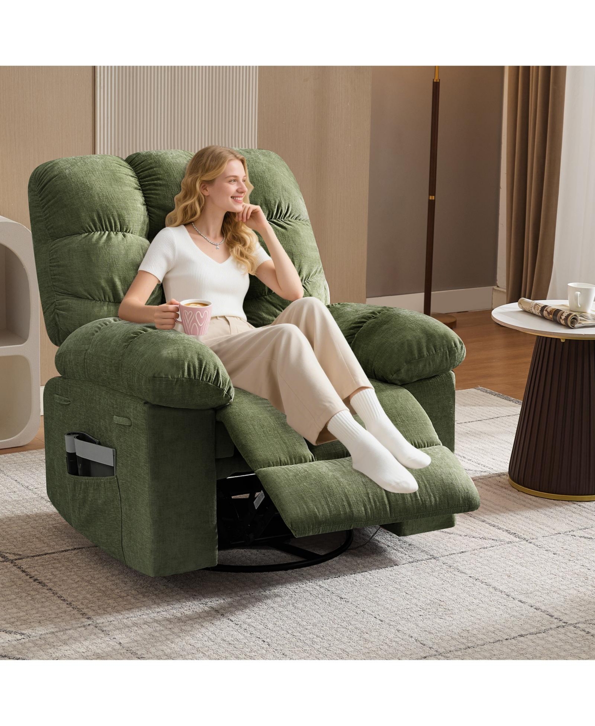 homfan Manual Rocking Recliner with Massage and Heat, Wide Upholstered Chair, High Back, Side Pockets Footrest for Living Room Bedroom