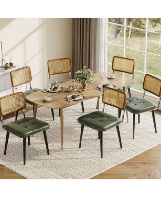 Set of 6 Rattan Accent Side Dining Chairs, Padded Faux Leather Seat with Sturdy Metal Frame, Armless Dining Chairs for Dining Room
