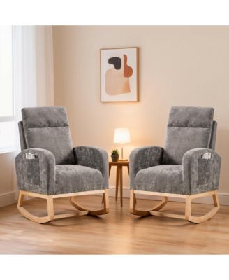Set of 2 Modern Rocking Chair, Nursery High Back, Side Pocket,Upholstered Glider Armchair with Rubber Wood Legs