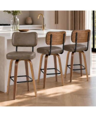 Set of 3 Counter Height Bar Stools, 26" Swivel Bar Stools with Back and Bentwood Legs, Faux Leather Upholstered Counter Stools
