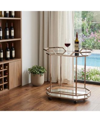 31" Iron and Mirrored Glass Octagonal Rolling Bar Cart