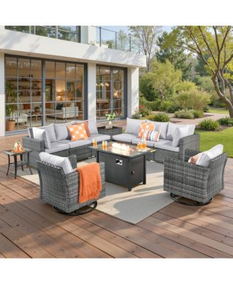 11-Piece Outdoor Patio Furniture Set With Fire Pit Table, Wicker Conversation Sectional Sofa, Swivel  Chairs, Coffee Table, and Side Table