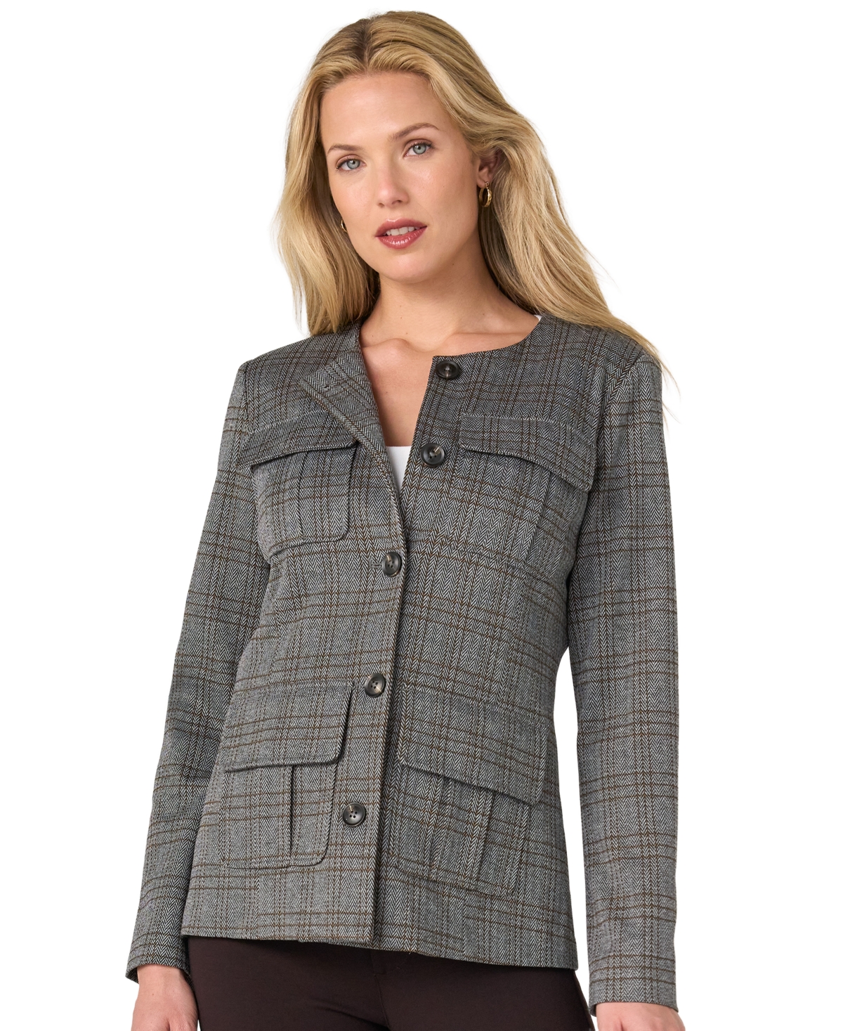 Liverpool Los Angeles Women's Plaid Collarless Field Jacket