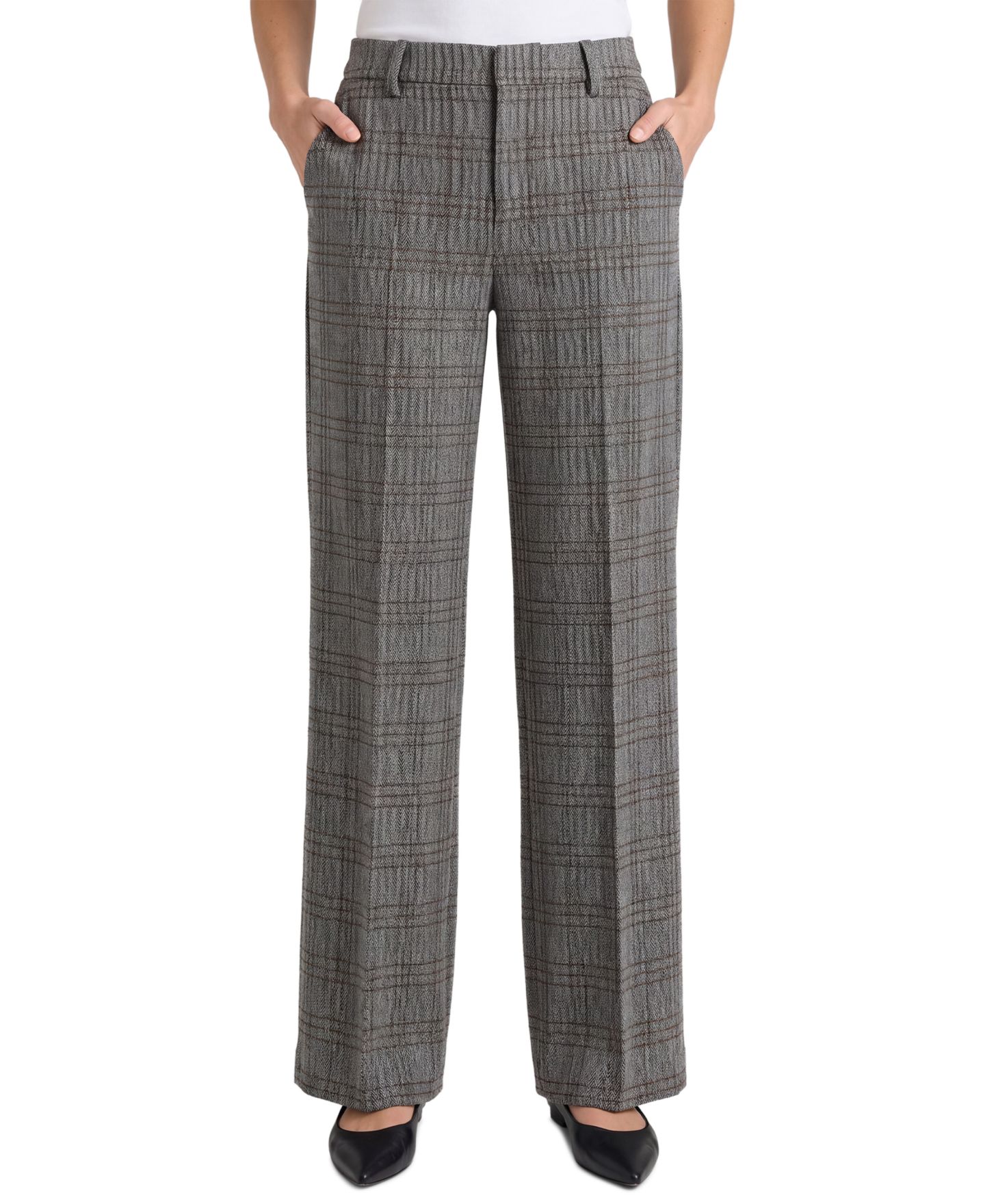 Женские брюки Liverpool Los Angeles Kelsey Herringbone Plaid Wide-Leg Trousers, цвет: Чёрный разноцветный клетчатый — фото 1