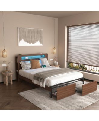 Full Size Wood Platform Bed Frame with 2 Storage Drawers, LED Headboard, USB Charging, No Box Spring Needed, Farmhouse Style