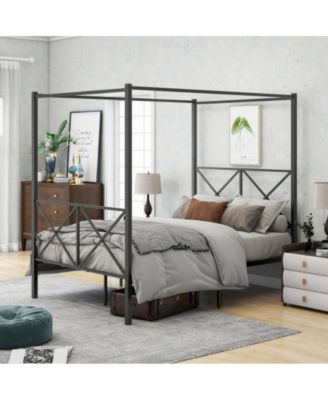 Full Size Metal Canopy Bed Frame with X-Shaped Frame, Platform Bed, Steel Slats, No Box Spring Needed, Under-Bed Storage