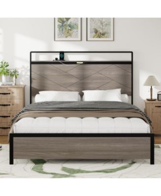 Full Size Wooden Platform Bed Frame with Storage LED Headboard, USB Charging, Metal Frame, No Box Spring Needed