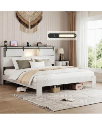 King Size Metal Bed Frame with Storage Headboard, USB Charging, Heavy Duty Metal Slats, No Box Spring Needed