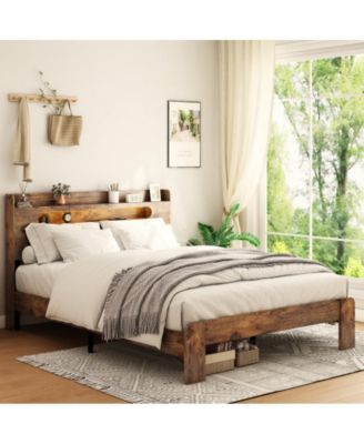 Queen Size Wood Platform Bed Frame with Storage LED Headboard, USB Charging, Wood Slats, No Box Spring Needed