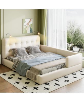Queen Size Upholstered Platform Bed with 2 Reading Lights, PU Leather, Wood Slats, No Box Spring Needed