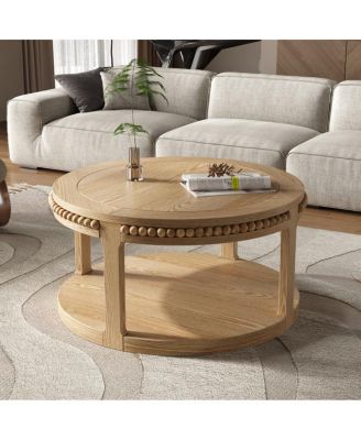 31.5" Round Coffee Table, 2-Tier Solid Wood Accent Table with Shelf