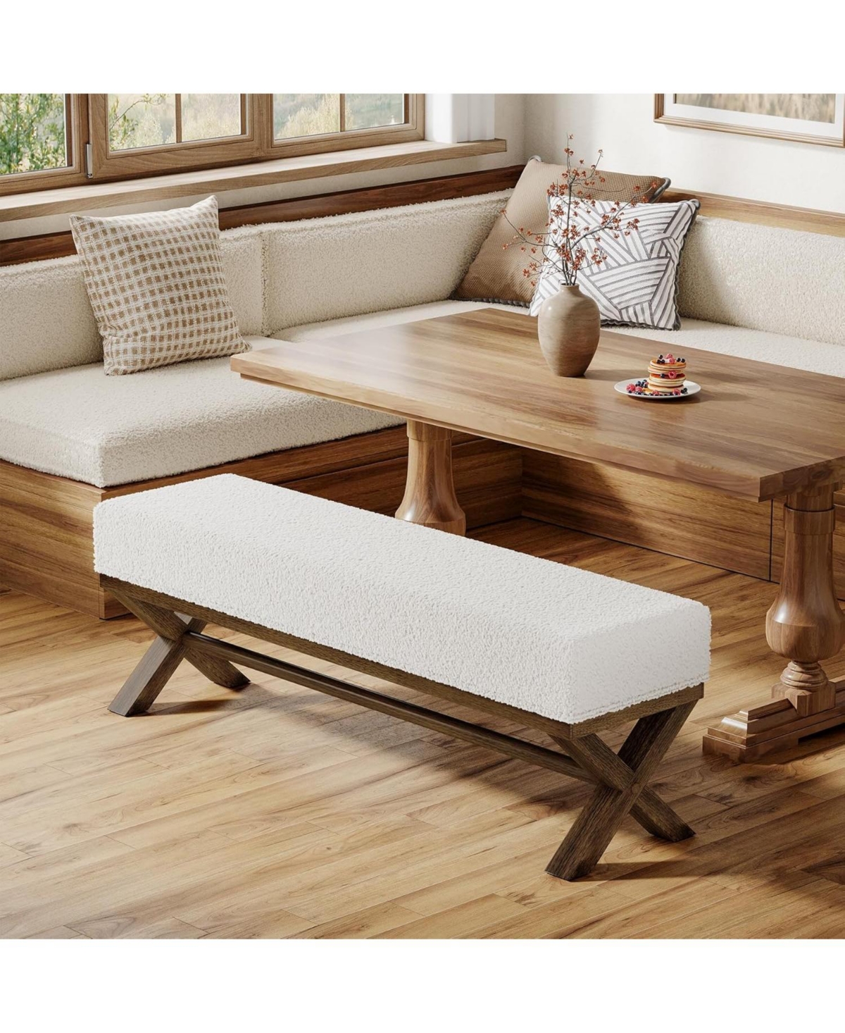 Tribesigns 51.18 inches Solid Wood Dining Bench: Modern with faux shearling seat and X-legs. Upholstered for dining room, living room.