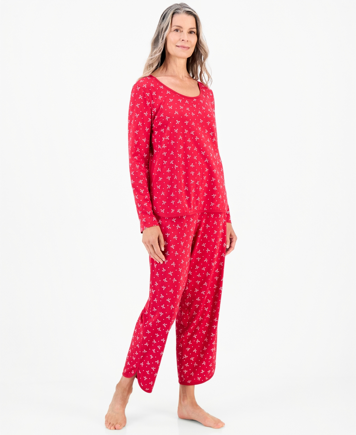 Charter Club Women's 100% Pima Cotton Long-Sleeve Scoop Neck Pajama Top and Pants Set, Macy's Exclusive - Holiday Bow