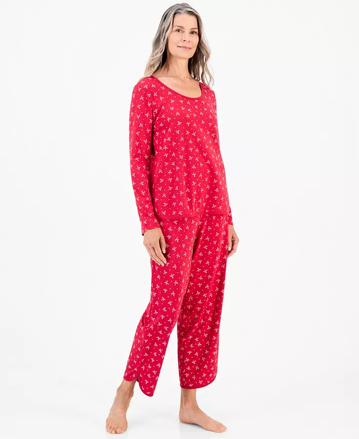 Women's 100% Pima Cotton Long-Sleeve Scoop Neck Pajama Top and Pants Set