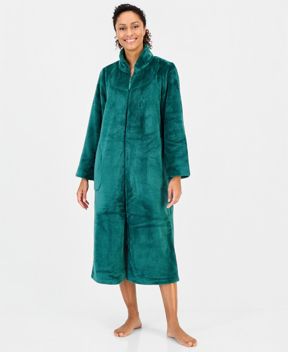 Charter Club Women's Long Plush Zip-Front Robe, Created for Macy's - True Emerald