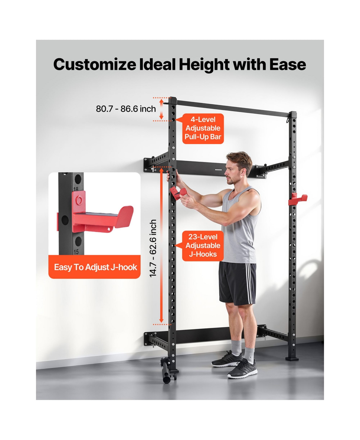 Sevorley Folding Wall-Mounted Power Cage Squat Rack for Home Gym, Adjustable J-Hooks and Pull-Up Bar, 1000 lb Capacity