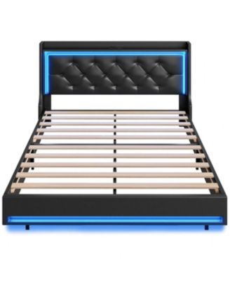 Queen Size Upholstered Platform Bed Frame with LED Headboard and Built-In Charging Station