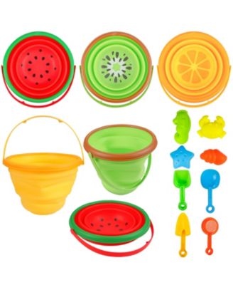 Multipurpose Silicone Collapsible Beach Toys Set, 3 Piece Bucket with Shovels and Sand Molds for Kids Travel and Camping