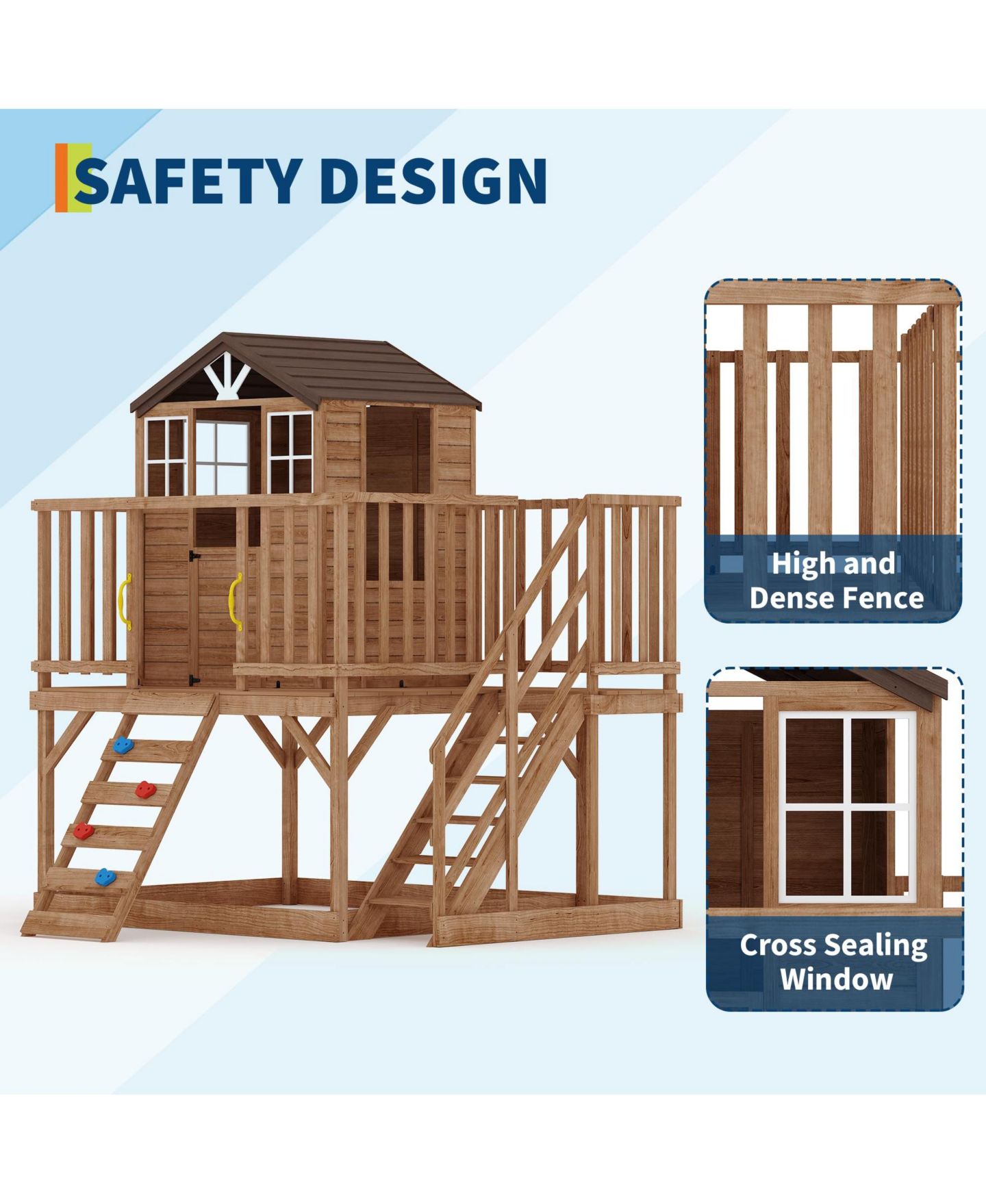 Детская игрушка homfan 2 Story Wooden Playhouse with 2-in-1 Sandbox and Climbing Wall, Ages 3+ — фото 3