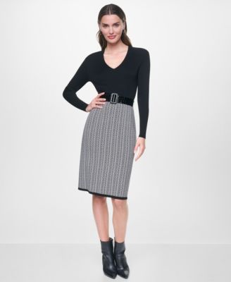 Women's Herringbone Rib V-Neck Long-Sleeve Sweater Dress
