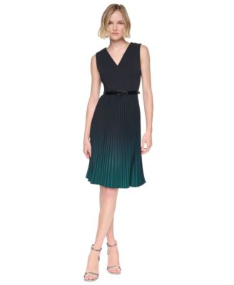 Women's Belted Ombre Pleat V-Neck Dress