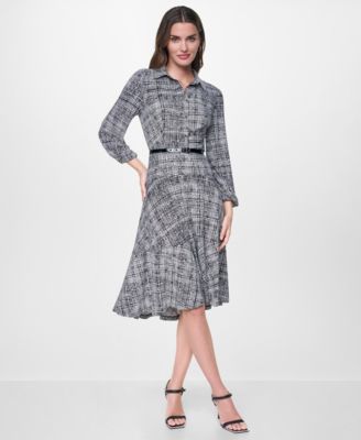 Women's Long Balloon-Sleeve High-Low-Hem Printed Shirt Dress