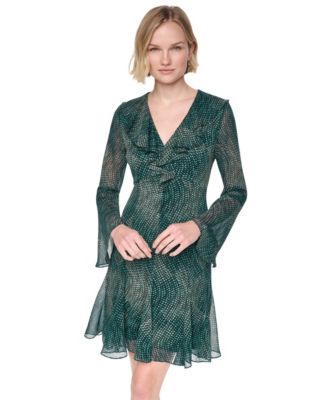 Women's Long-Sleeve V-Neck Ruffle Bodice Godet Dress