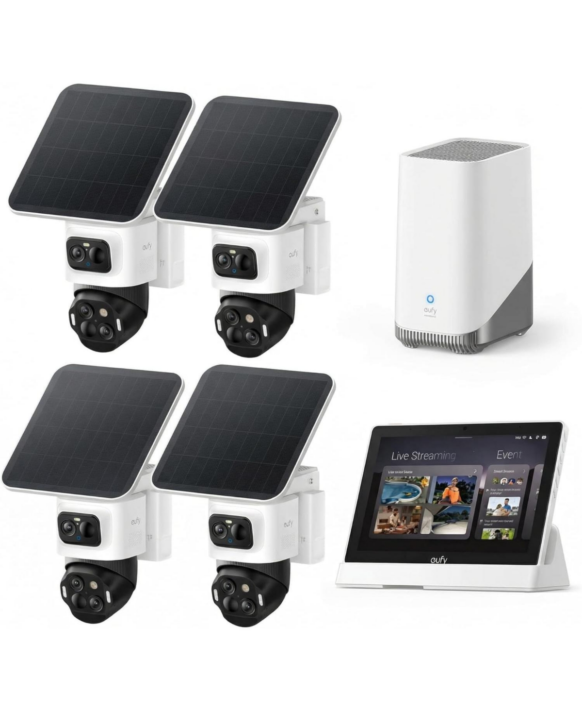 eufyCam S4 4-Cam Kit and Smart Display E10,4K Solar Camera Wireless Outdoor 360degree(s) View Ai Recognition 8X Zoom 0 Monthly Fee - White