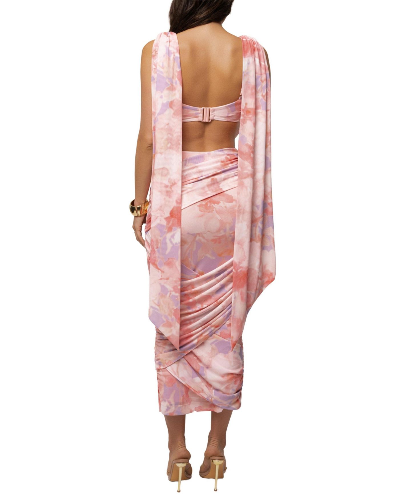 Женский комплект JLUXLABEL Bloom Divine Drape Cowl Neck Tie-Dye Crop Top and Skirt Set, цвет: Розовый — фото 3