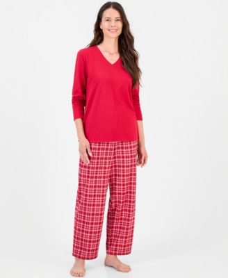Women's Cotton-Blend Long Sleeve V-Neck Pajama Pant Set