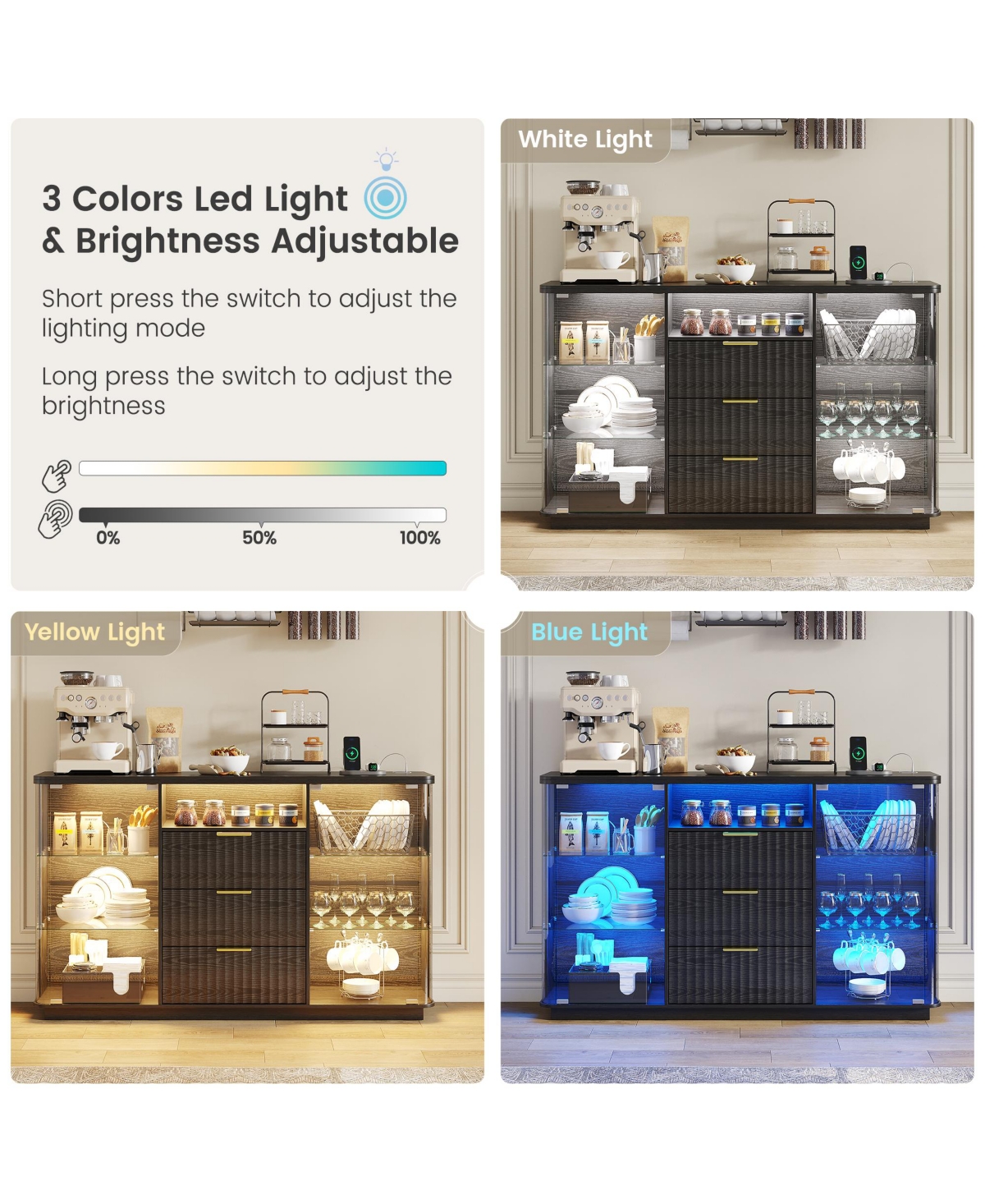 Vlsrka Modern Buffet Cabinet with Wine Storage, Led Lights and Glass Doors