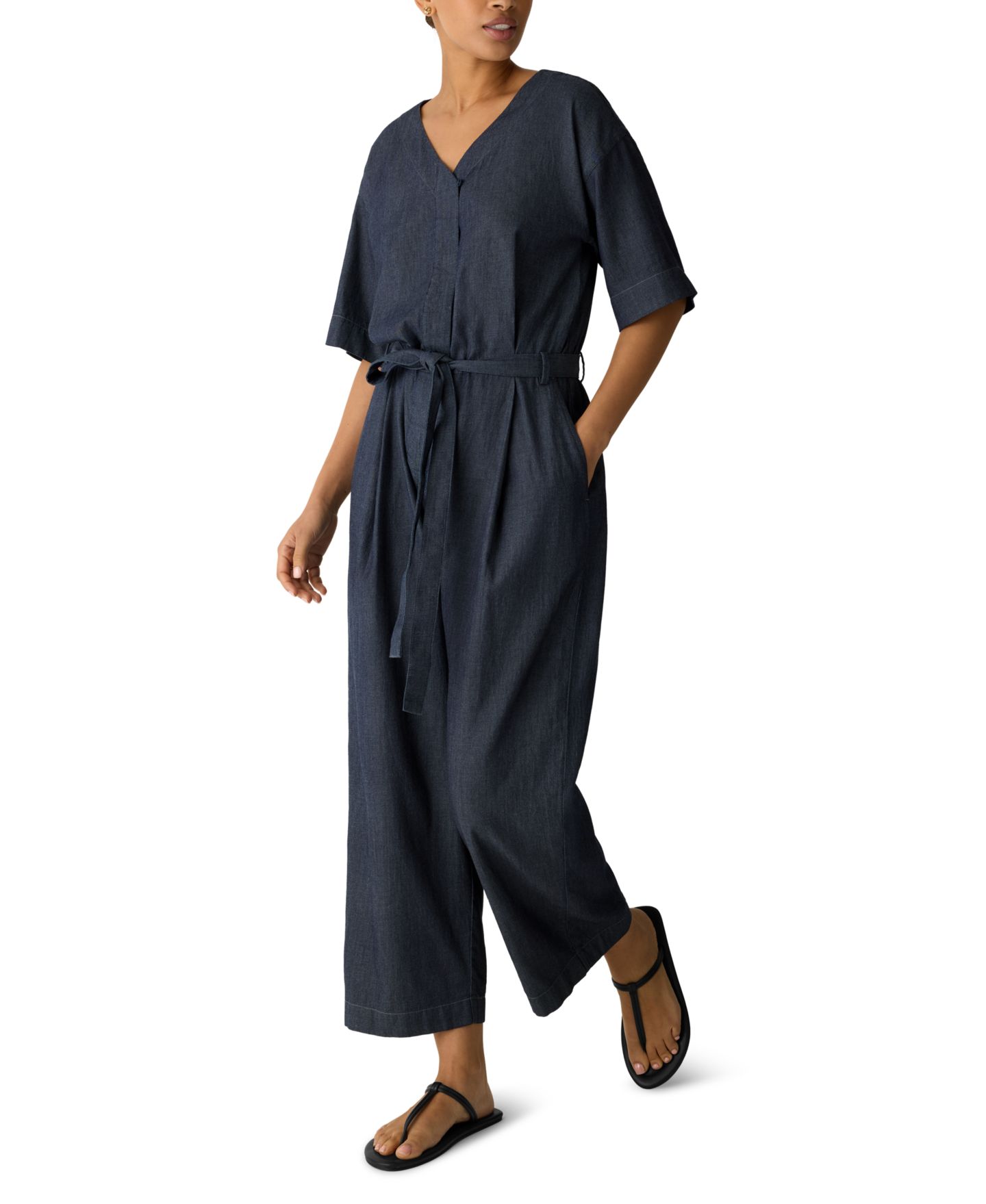 Женский комбинезон EILEEN FISHER PETITES Eileen Fisher Petite Airy Cotton Twill Short-Sleeve Wide-Leg Belted Jumpsuit, цвет: Джинсовый — фото 2