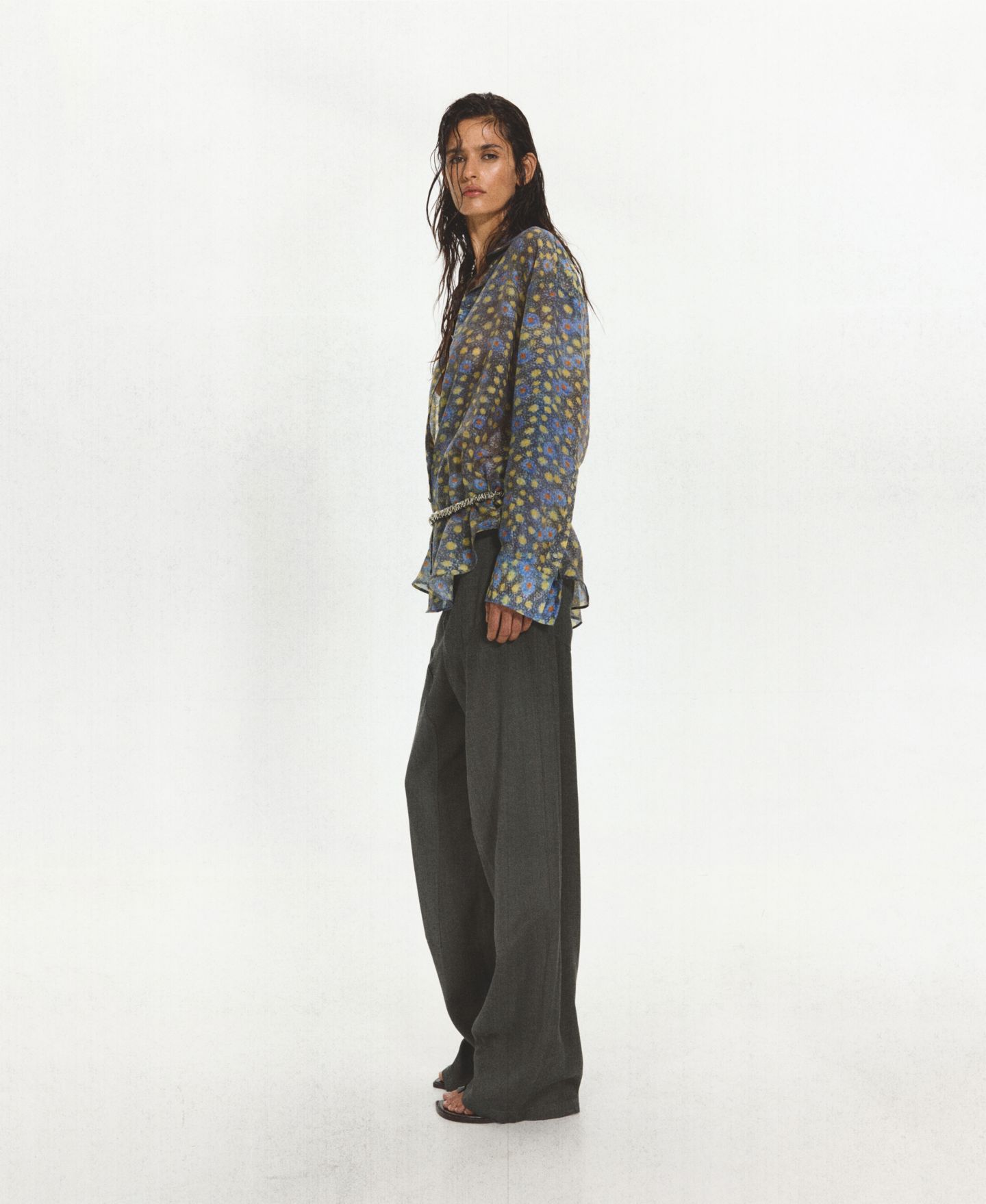 Женская блузка Mango Semi-Sheer Long-Sleeve Printed, цвет: Чёрный — фото 5