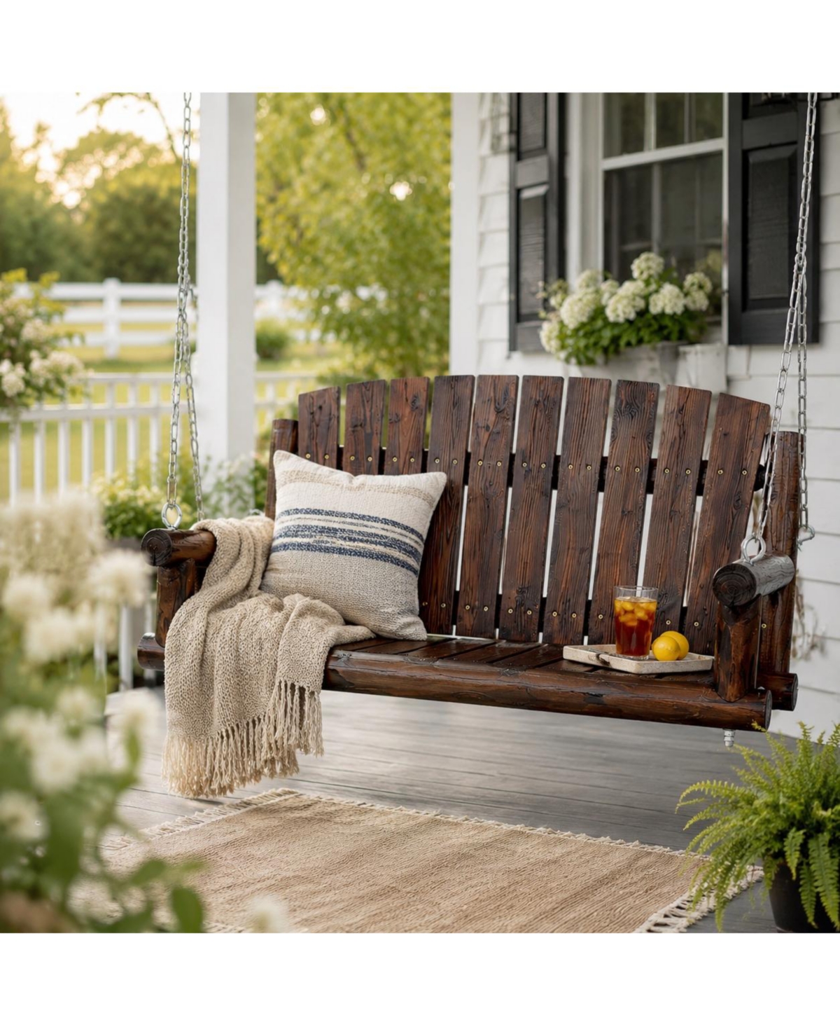 4ft Fir Wood Outdoor Porch Swing, Heavy-Duty Handcrafted Hanging Patio Bench with High-Strength Chains - Dark Brown