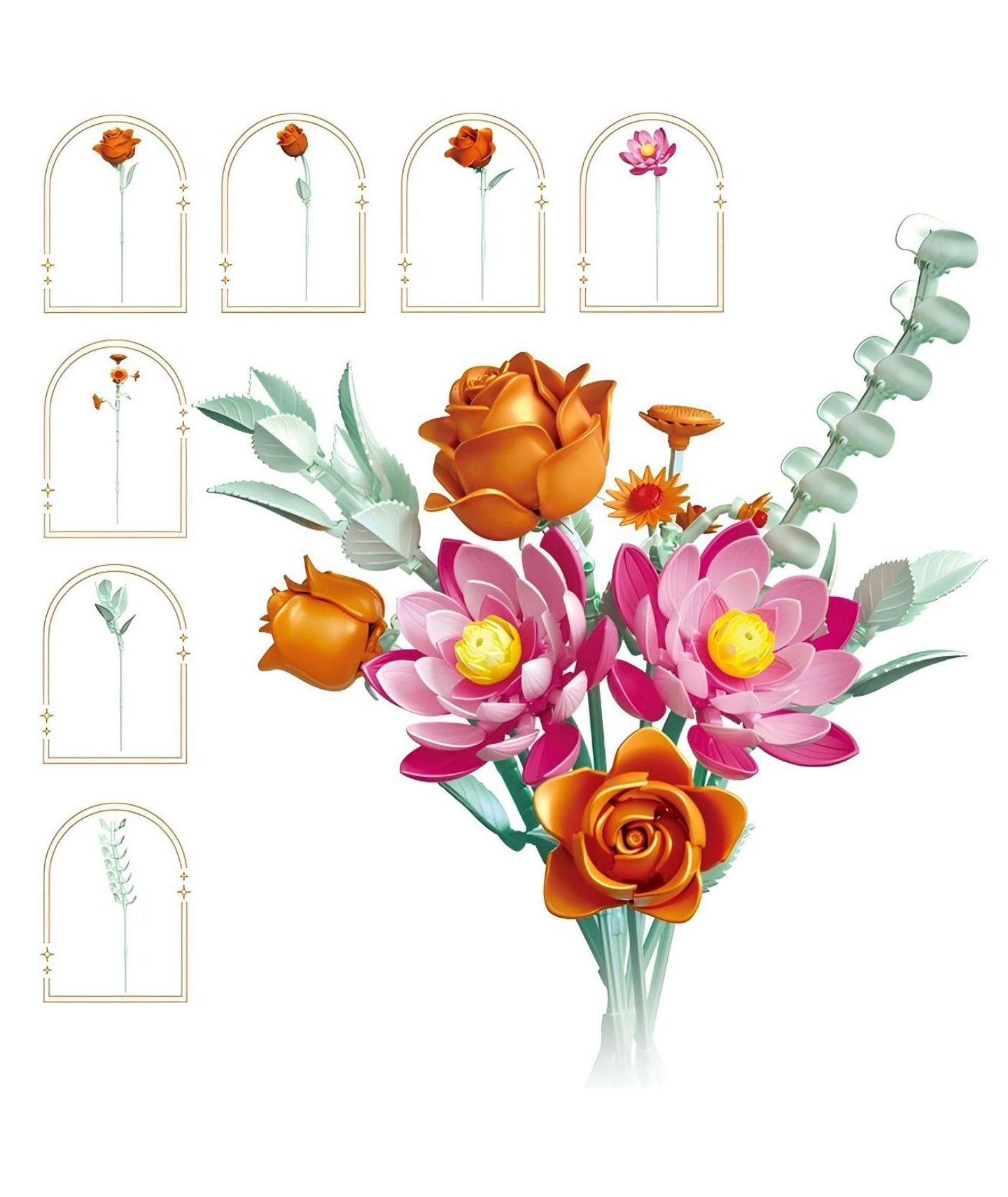 Детский конструктор Contixo BK10 Flower Bouquet Building Set, 360-Piece Orange Rose & Pink Lotus Floral Brick Kit with Adjustable Stems, Creative Home Décor Gift, Ages 8+, цвет: Розовый / Оранжевый — фото 2