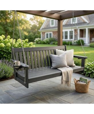 5 feet 3-Seater HDPE Porch Swing with Chains, Weather-Resistant Outdoor Patio Bench with Cup Holders