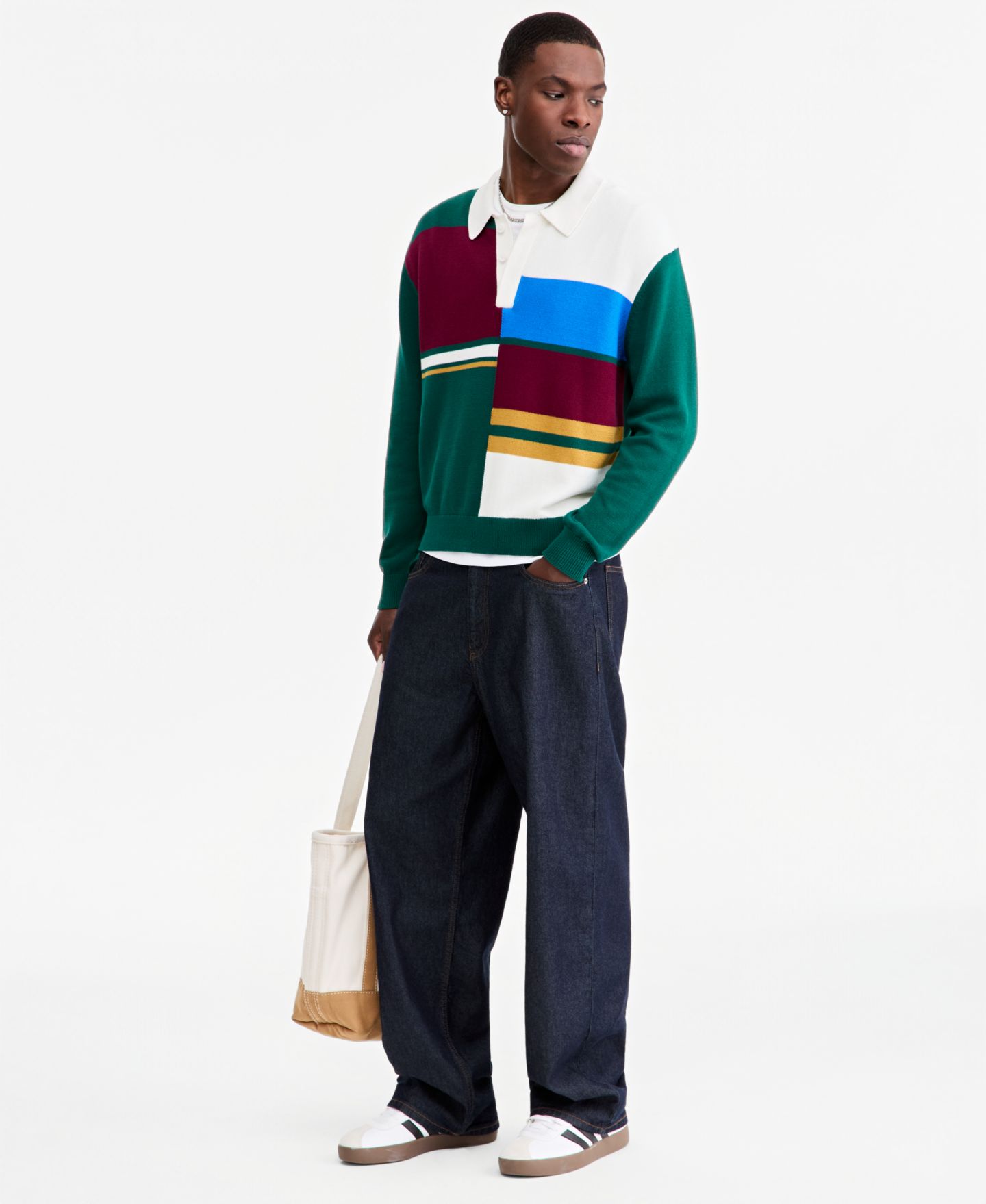 Мужское поло Mode of One Spliced Long-Sleeve Relaxed-Fit Polo Shirt, цвет: Тёмно-зелёный — фото 2
