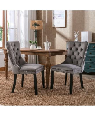 Upholstered Dining Chairs , Beige Velvet Upholstery High-Back Side Chairs, Tufted Nailhead-Trim Dining Chairs with Solid Wood Legs