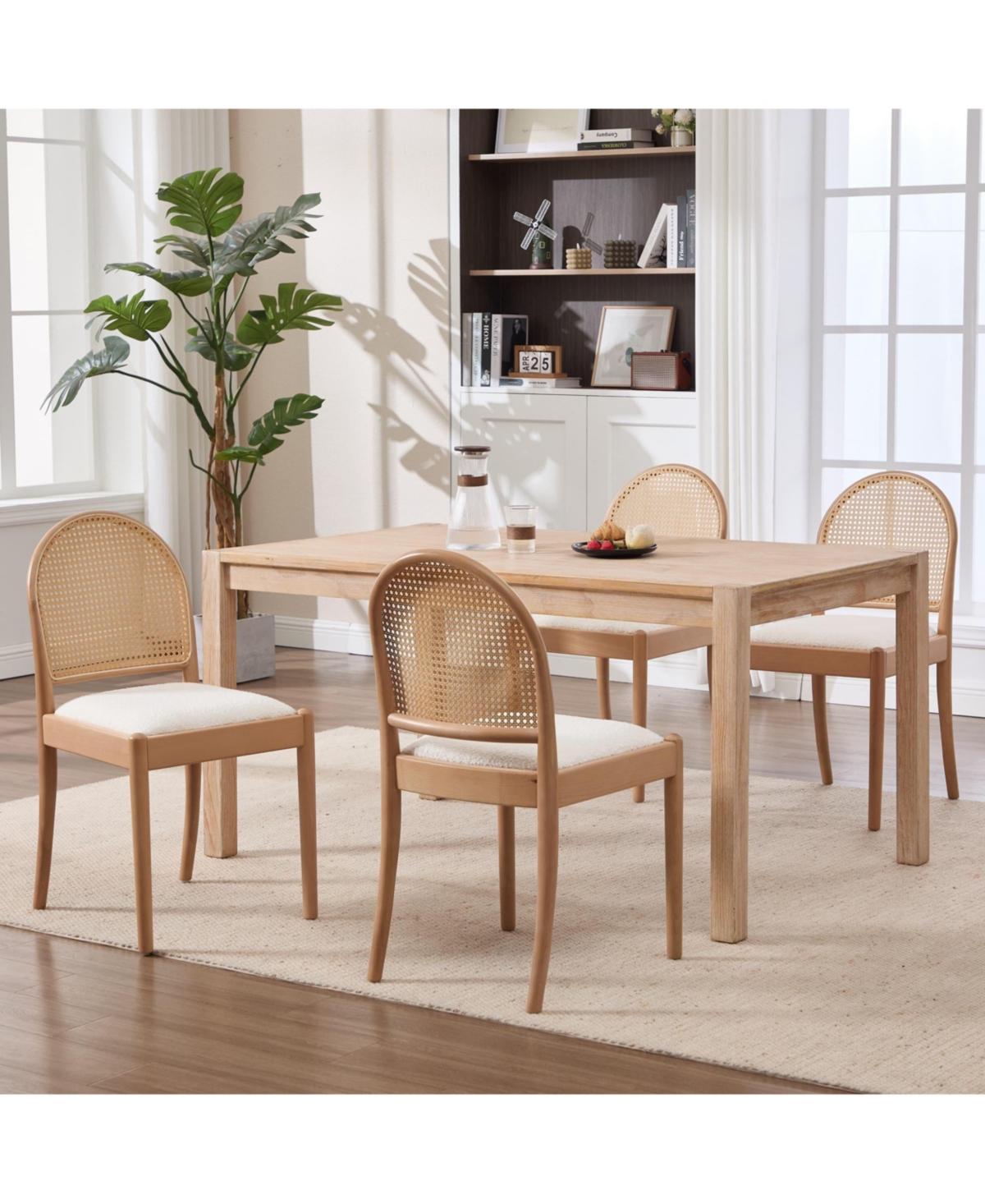 Maison Boucle Modern Rattan Back Dining Chairs Set of 2, Upholstered Side with Backrests, Kitchen and Room Chairs, Solid Wood Legs