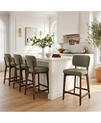 Upholstered Counter Height Bar Stools Set of 4, Linen-Blend Woven Fabric With Curved Back, Solid Wood Frame Kitchen Island Stools