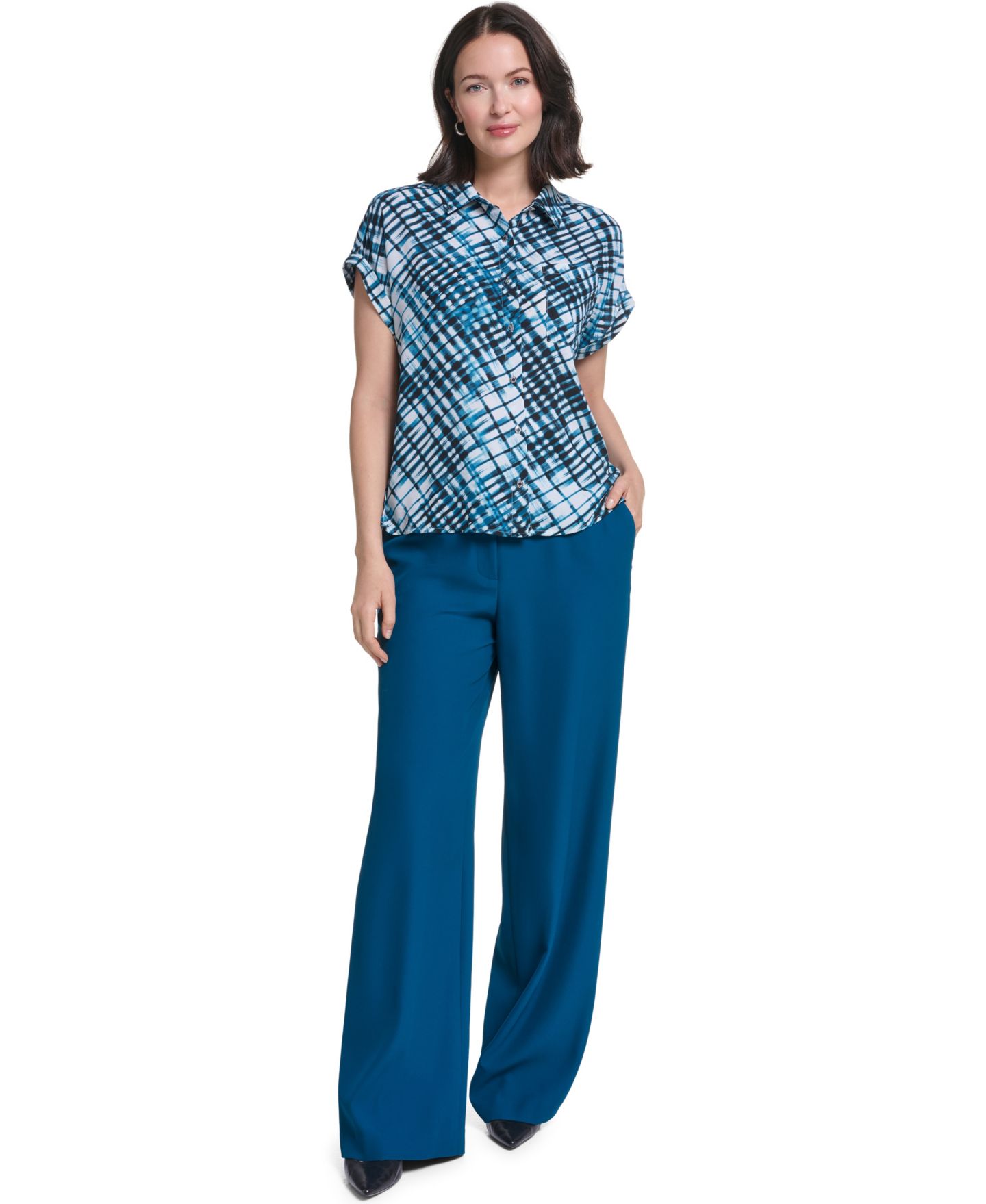 Женская блузка Calvin Klein Collared Short-Sleeve Button-Front, цвет: Кипарисовый разноцветный — фото 2