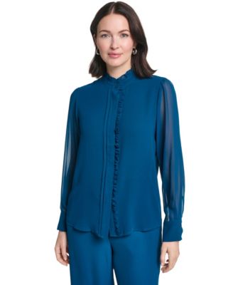 Women's Long-Sleeve Mock Neck Ruffle Front Blouse