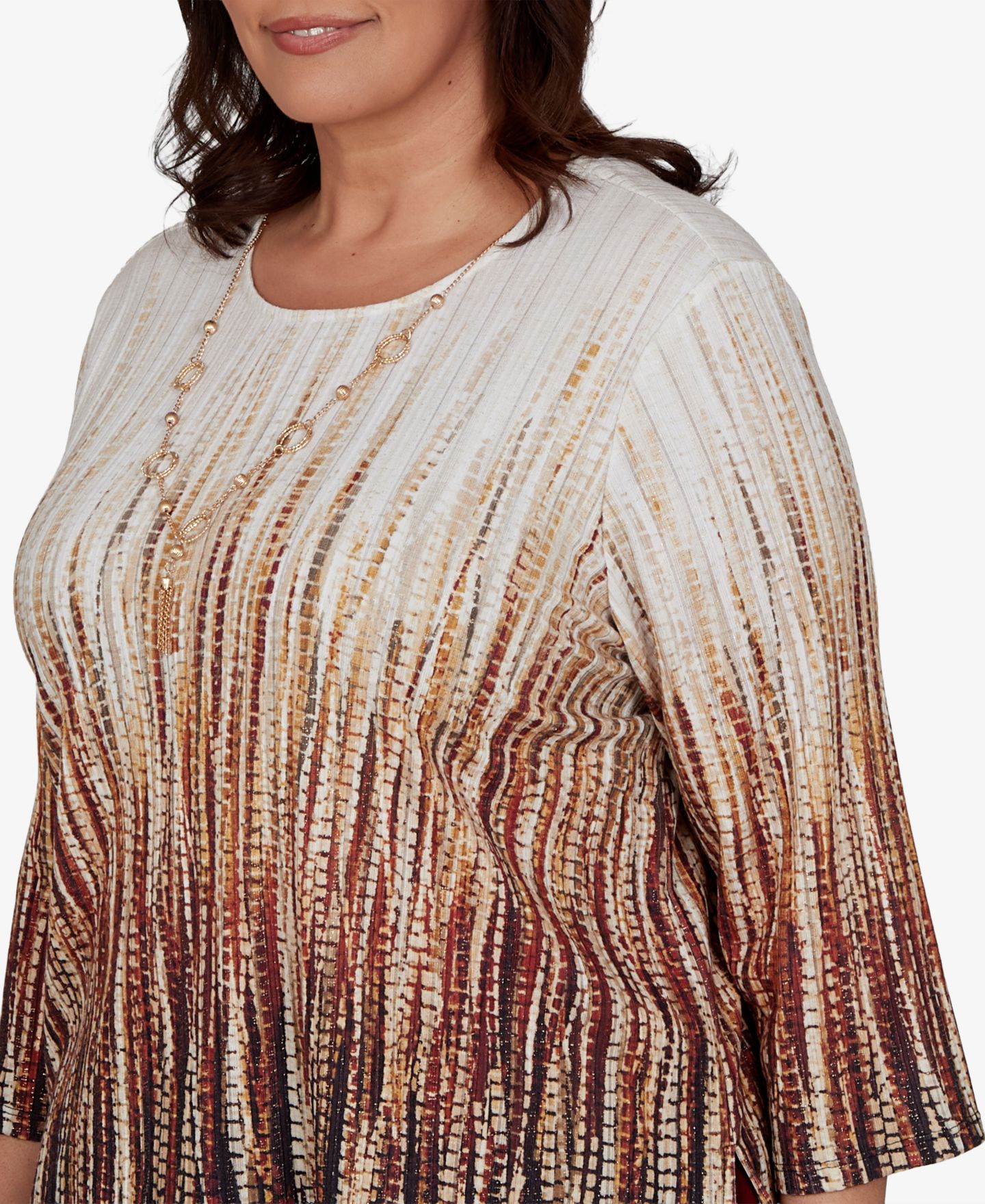 Женская блузка Alfred Dunner Plus Size Union Square Textured-Ombre 3/4 Sleeve, цвет: Рыжевато-коричневый разноцветный — фото 3