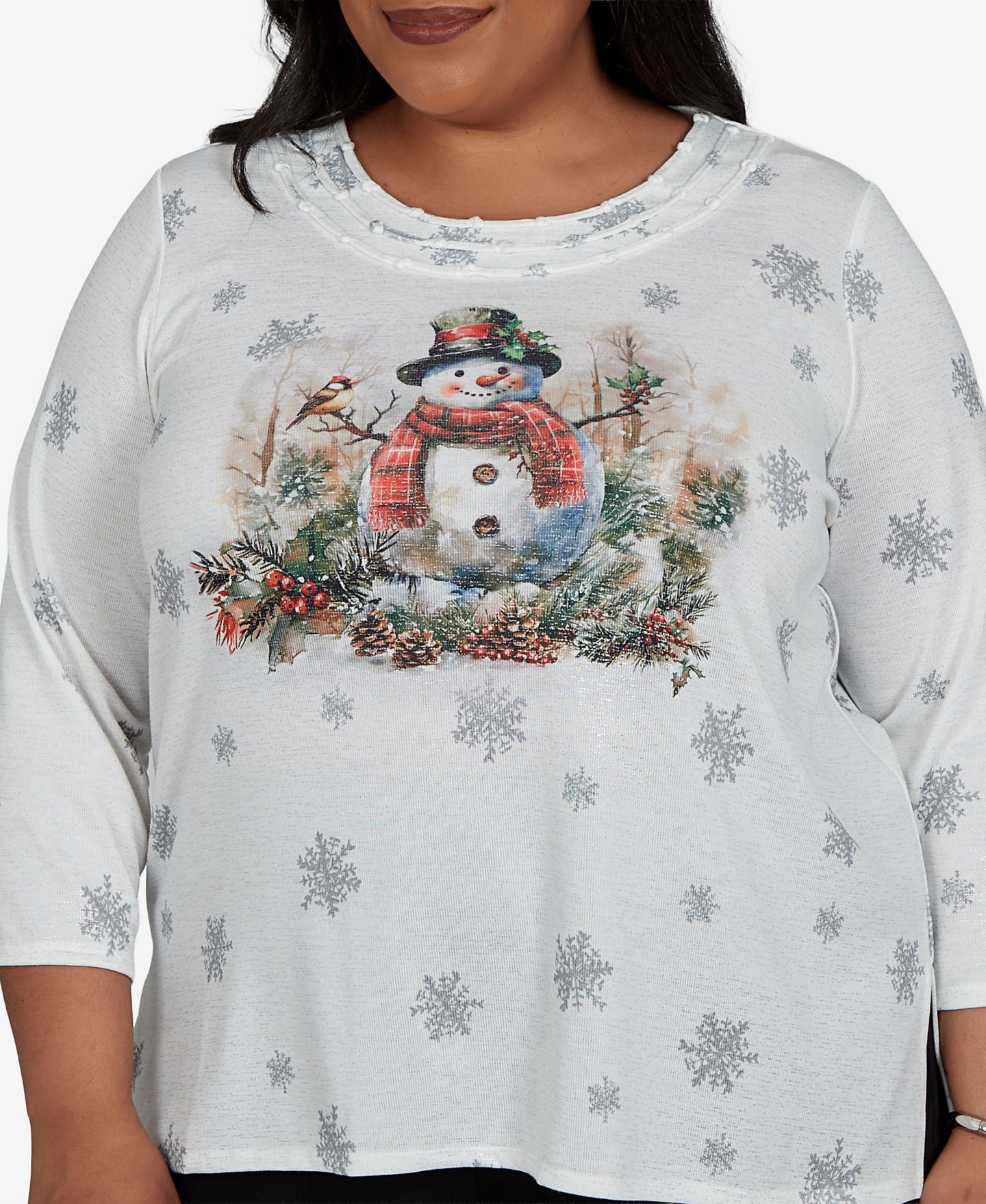 Женский топ Alfred Dunner Plus Size Shimmering Snowman 3/4-Sleeve Holiday, цвет: Серый — фото 4