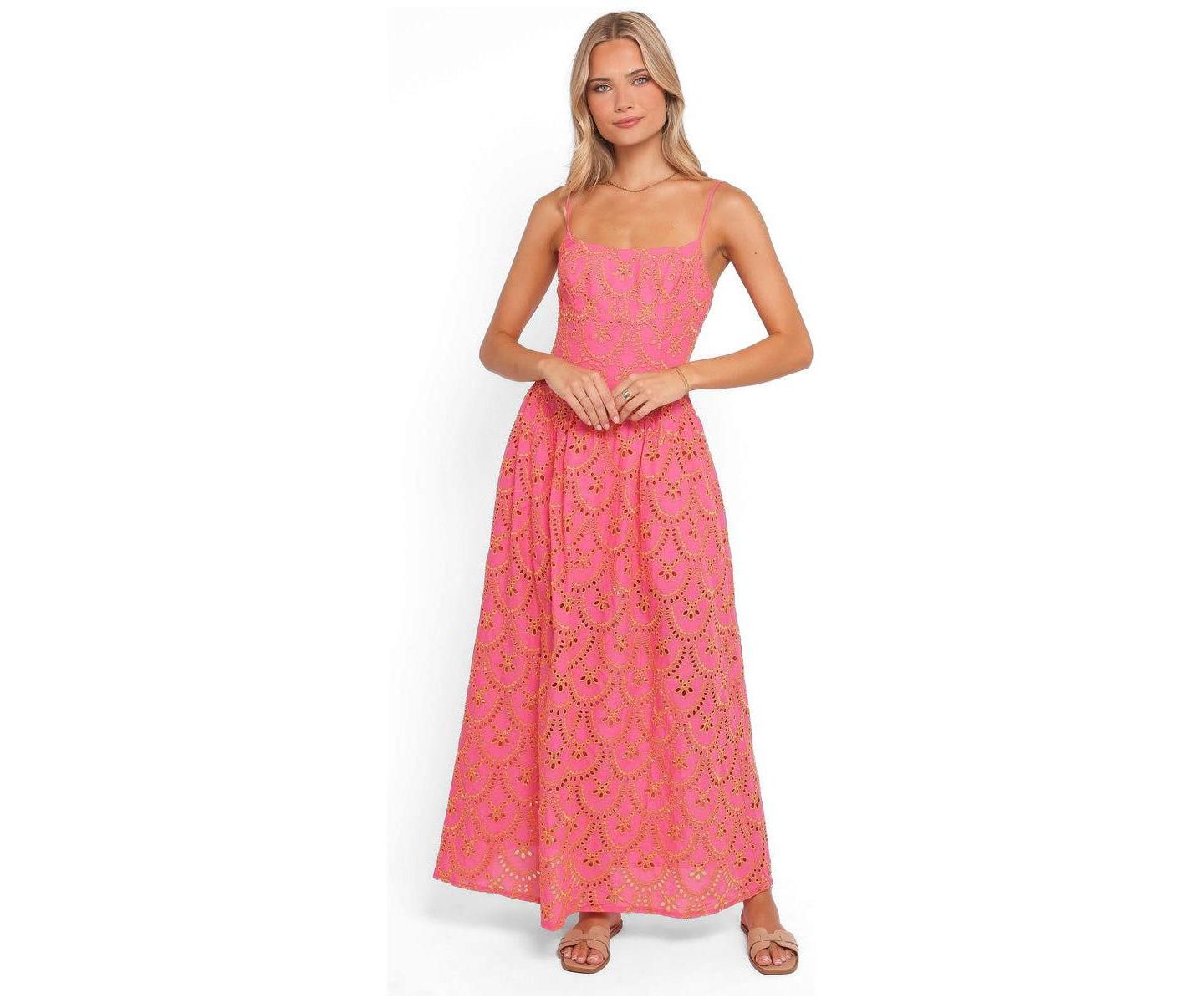 Женское платье Petal and Pup Sonny Maxi Floral-Embroidery Square-Neck Eyelet, цвет: Розовый / Оранжевый — фото 1