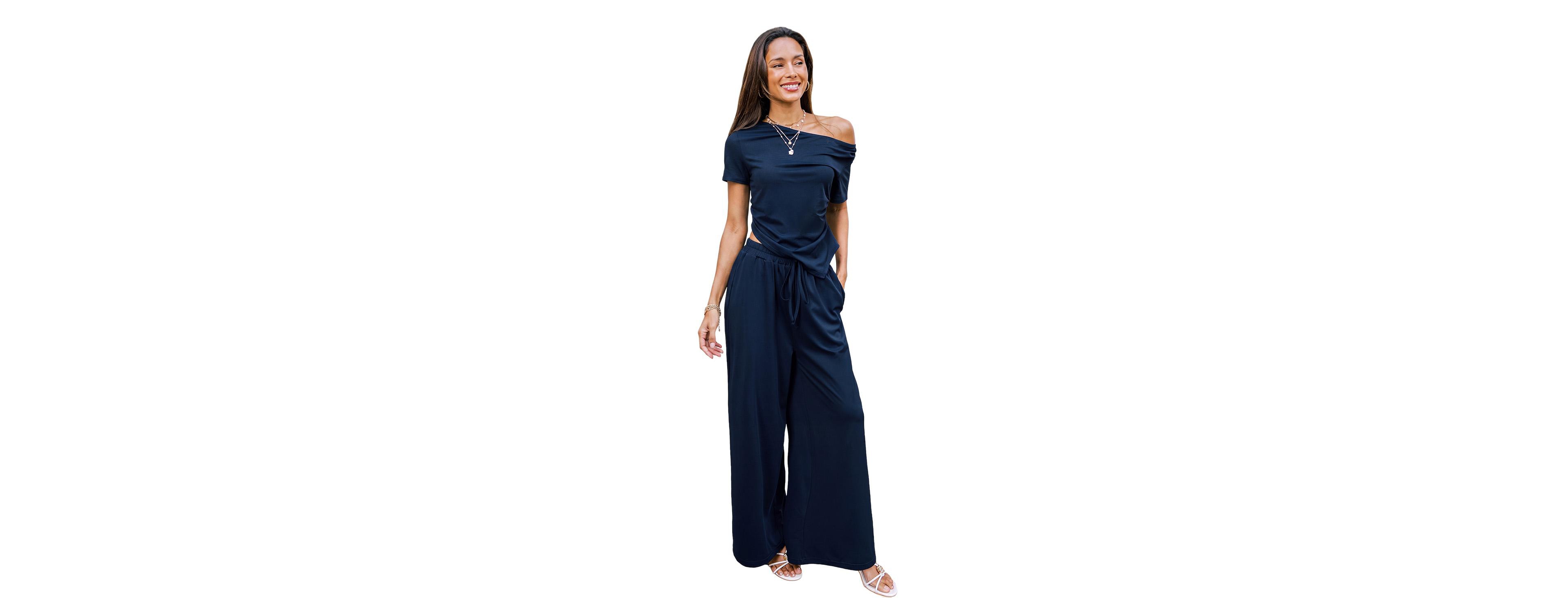 Cupshe Women's Pure Mood V-Neck Wide-Leg Short-Sleeve Top and Pants Set