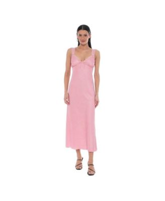 Women's Crushed Satin Slip Midi Lace-Trimmed V-Neck Dress